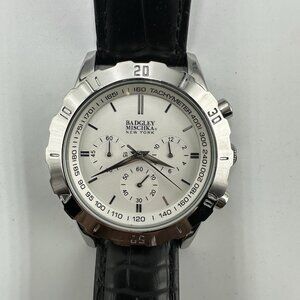 Badgley Mischka Watch Men Silver Tone Chronograph 43MM Leather Band New Battery